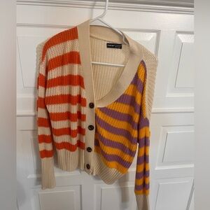 Multi colored striped cardigan sweater.